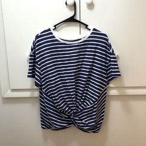 Blue and white stripped t shirt. Gathers in front